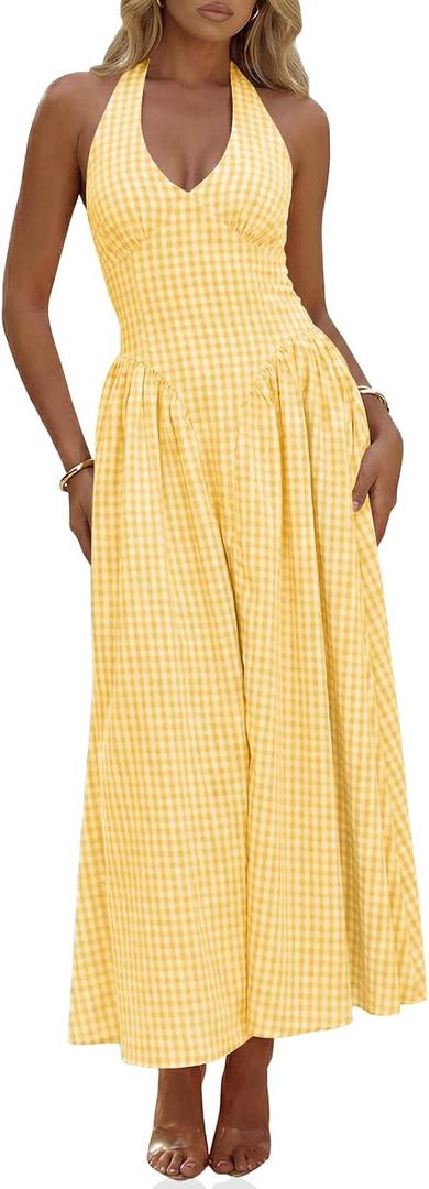 Wenrine Womens Halter V Neck Corset Maxi Dresses Summer Plaid Smocked Tie Back Backless Wedding Guest Drop Waist Dress (Yellow, L)
