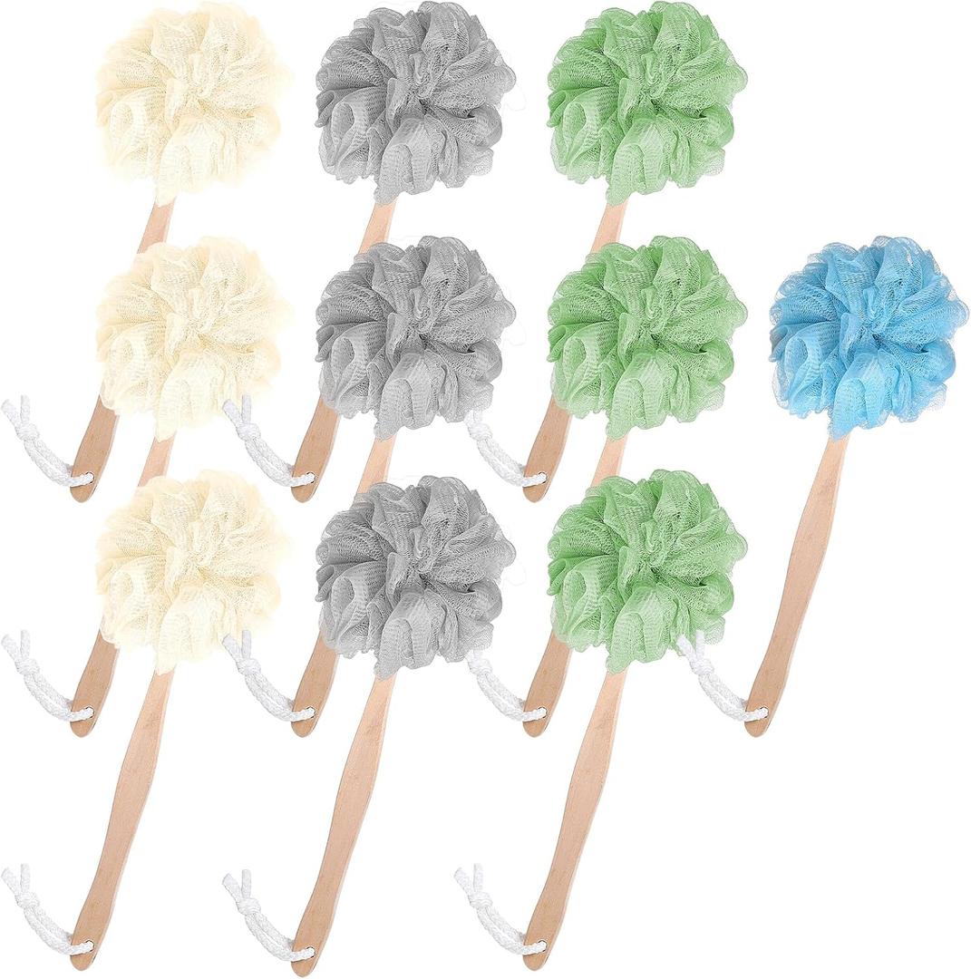 10 Pcs Large Bath Puff Loofah Sponge with Long Handle, Loofah with Handle for Men Women, Back Scrubber for Shower, Exfoliating Body Brush Set - 4 Colors