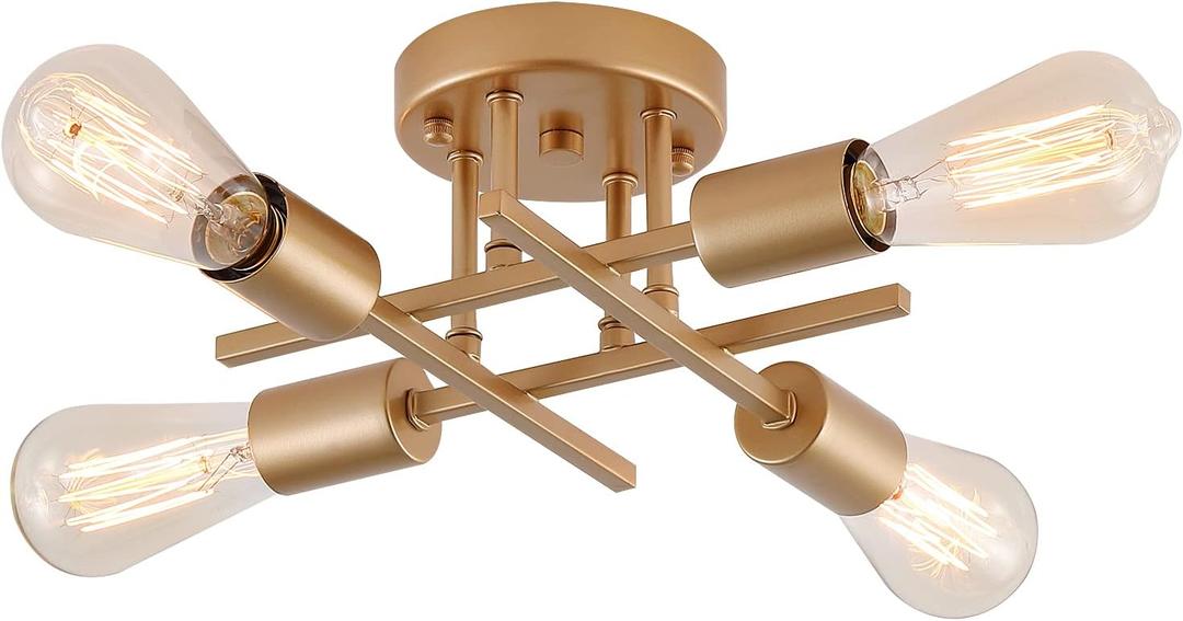 4-Light Semi Flush Mount Ceiling Light, Gold Mid-Century Industrial Farmhouse Chandelier Light Fixtures for Hallway Entryway Bedroom Kitchen Dining Room Porch Laundry Room UL Listed