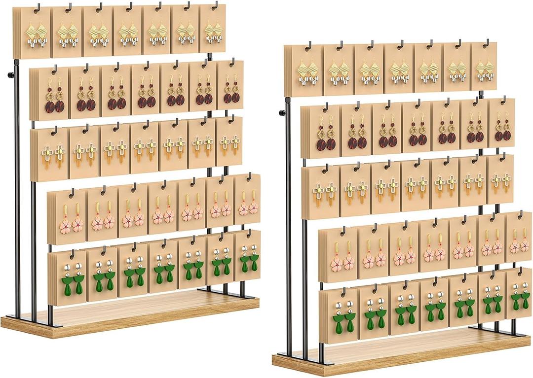 ORLESS 2 Pcs Jewelry Display for Vendors, Earring Display Stand for Selling, Necklace Display Holder for Selling, Earring Cards Organizer for Bracelets, Rings, Jewelry Towers, Original Wood (35 Hooks)