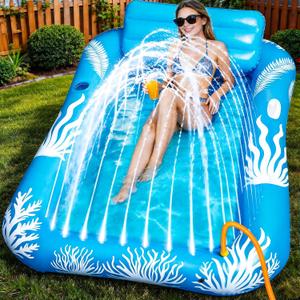 Inflatable Tanning Pool Lounger Float with Sprinkler-6 in 1 Suntan Tub Raft Floatie with Drink Holder Sunbathing Water Lounge-Tanning Bed Mat Pad for Adult Blow Up Kiddie Pool Kids Ball Pit Pool (L)