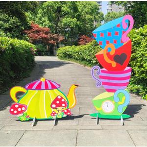 Alice Party Decorations Wonderland Yard Decor,Garden Tea Party Decorations Yard Stakes Stand Set, 1 Set Stacked Teacups and 1 Set Teapot with Brackets