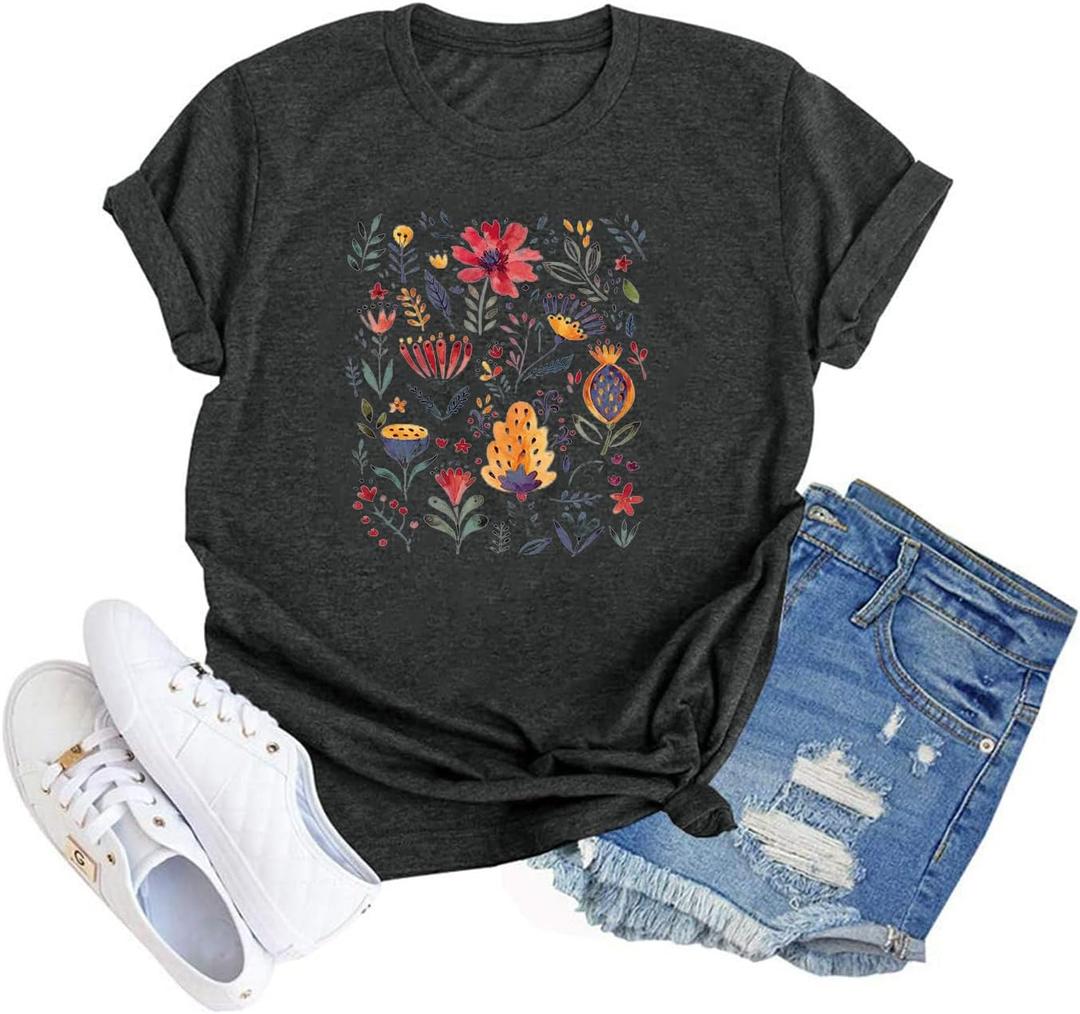 Floral Graphic Shirt Women Boho Wildflowers Tee Vintage Flower Tshirt Round Neck Loose Casual Short Sleeve Tops (S)