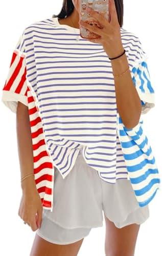 Tankaneo Womens Oversized Striped T-Shirts Color Block Short Sleeve Tee Tops Summer Casual High Low Hem Shirts, Size Large