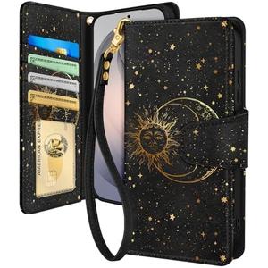 Toycamp for Samsung Galaxy S26 Ultra Wallet Case with Wrist Strap - Leather Flip Folio Phone Case with RFID Blocking 4 Card Slots Galaxy S26 Ultra Funda Cute Aesthetic for Women Lady, Black Sun Moon