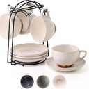 SIDUCAL Ceramic 8oz Cappuccino Cup Set of 4 Porcelain Coffee Cups with Saucers and Holder,Microwave/Dishwasher Safe,Espresso Demitasse Cups(White)