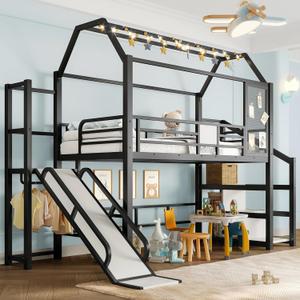 Bellemave Twin Size Metal House Loft Bed with Slide and Stairs,Heavy Duty Playhouse Loft Bed Frame with Storage Shelves for Kids,Teens,Adults,Black