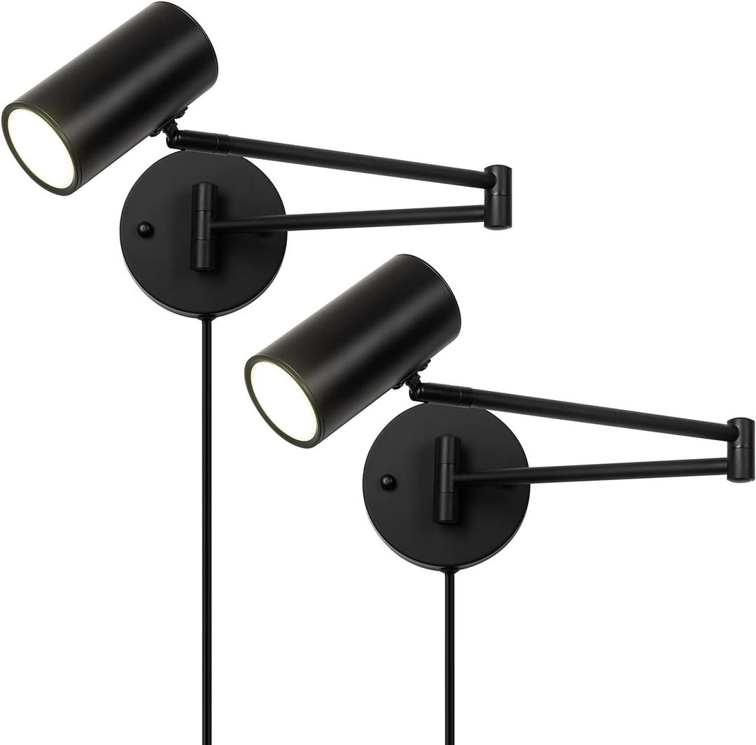 2 Pack Plug in Wall Sconce, Black Swing Arms Wall Lamp with Plug-in Cord Adjustable Wall Light for Bedroom Living Room (Light Source Included)