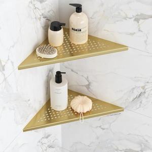 Corner Shower Shelves, 10 Recessed Tile Shower Shelf Brushed Golden, 304 Stainless Steel Grout in Corner Tile Shower Shelves, No Drilling, 2 Pack (10"- 2 Pack)