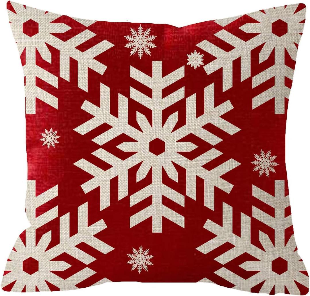 Throw Pillow Cover Merry Christmas Beautiful Snowflakes Red Linen Home Decor Square Cushion Pillowcase 26x26 in (7)