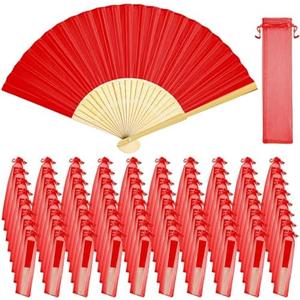 Tatuo 80 Pcs Hand Fans Bamboo Silk Folding Fans Handheld Fan Foldable Makeup Fan Valentines Chinese Decorative Folding Cosplay Decorations Men Women Wedding Bridal Party Festival(Red)