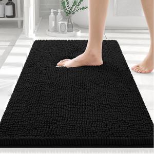 Smiry Luxury Chenille Bathroom Rugs 24x16, Extra Soft and Absorbent Shaggy Bath Mat, Machine Washable, Non-Slip Plush Carpet Runner for Tub, Shower, and Floor, Home Decor Accessories, Black
