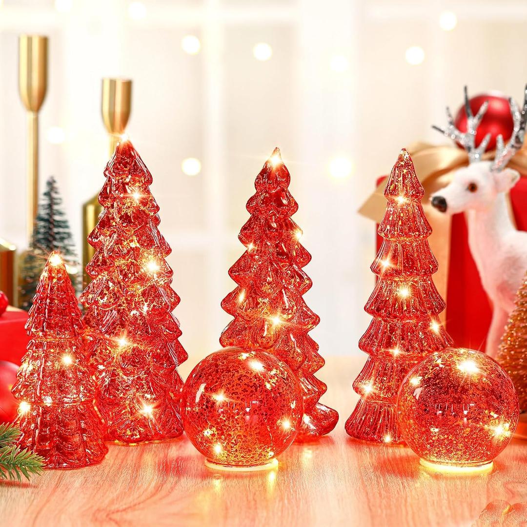 Syhood 6 Pcs Burgundy Mercury Glass Christmas Tree for Tabletop Light up Figurine Christmas Tree Mercury Cracked Glass Globe with Light for Xmas Decor Home Party Centerpiece Mantel Gift (Red)