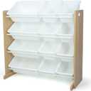 Humble Crew Toy Storage Organizer with 12 Removable Storage Bins for Kids Playroom, 4-Tier Toddler Toy Organization, Natural Wood/White
