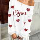 BANGELY Valentines Off Shoulder Sweatshirt Women Love Heart Long Sleeve Shirt Casual Oversized Sweatshirts Fashion Sequin Top (White, L)