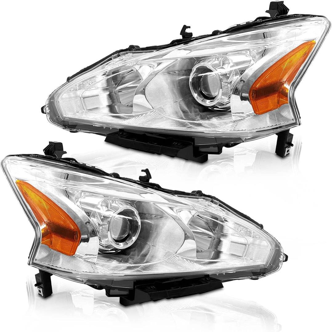 for 2013 2014 2015 Nissan Altima Headlight Assembly Compatible with 13-15 Altima S/SL/SV Headlamp Only fit 4 Door Chrome Housing Amber Reflector Driver and Passenger Side