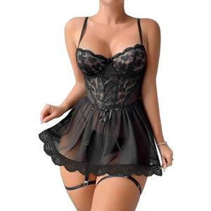 Lilosy Sexy Garter Belt Mesh Lace Babydoll Lingerie Dress Set with Thong, M