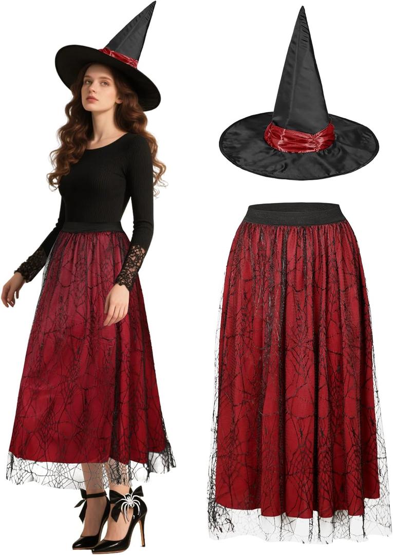 Halloween Skirts for Women with Witch Hat Velvet Bats Mesh Tulle Midi Skirt for Costume Party Outfit (Small-Medium, Red)