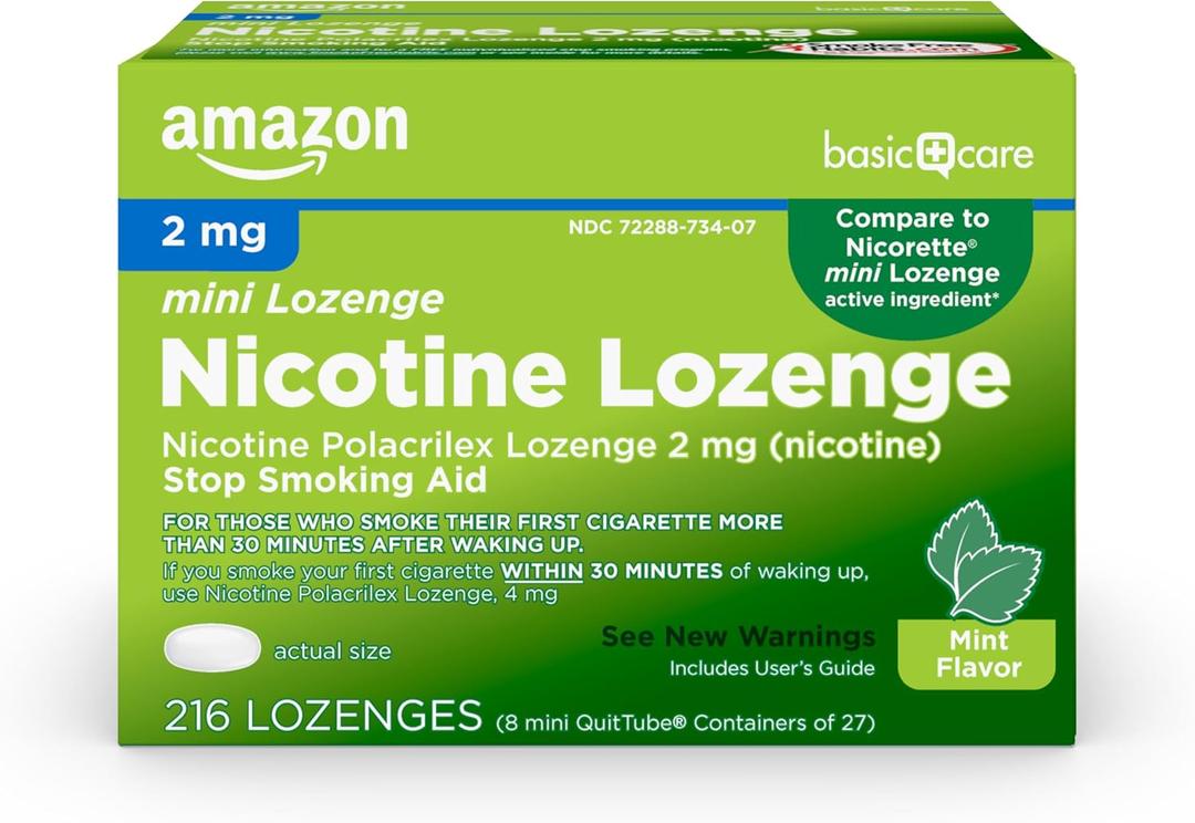 Amazon Basic Care Mini Nicotine Polacrilex Lozenge, 2 mg, Stop Smoking Aid, Mint Flavor, 216 Count