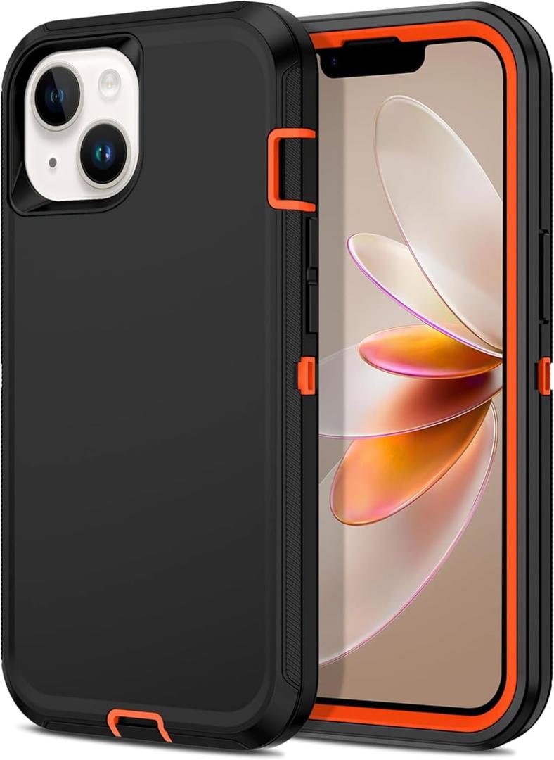 Apple iPhone 13 / iPhone 14 / iPhone 15 / iPhone 16e Case (6.1") Rugged Case Heavy Duty Shockproof Dust/Drop Proof 3 in 1 Full Body Cover (Orange, iPhone 13/iPhone 14/iPhone 15/iPhone 16e)