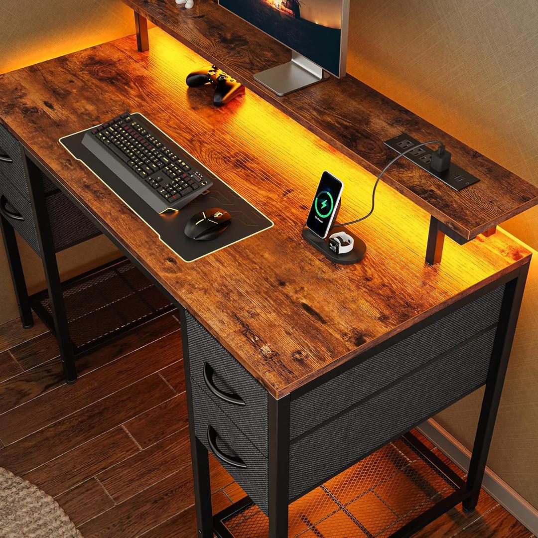 Huuger 47 inch Computer Desk with 4 Drawers, Gaming Desk with LED Lights & Power Outlets, Home Office Desk with Large Storage Space for Bedroom, Work from Home, Rustic Brown and Black