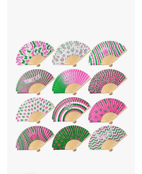 Wenqik 24 Pcs Pink and Green Sorority Folding Fans African American Sister Gift Dancing Paper Foldable Hand Fan for Women Sisterhood Events Sorority Party Favors Decoration