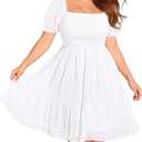 Women Plus Size Square Neck Puff Sleeve Babydoll Summer Chiffon Swiss Dot Flowy Short Smocked Dress, White(short Sleeve), 19 Plus 