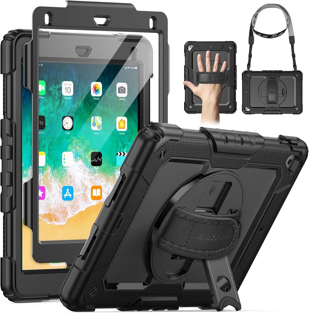 SEYMAC for iPad 6th/5th Generation Case 9.7 Inch, Full-Body Shockproof Heavy Duty Protective Case with Screen Protector, Rotating Stand/Hand/Shoulder Strap for iPad Air 2/ Pro 9.7, Black