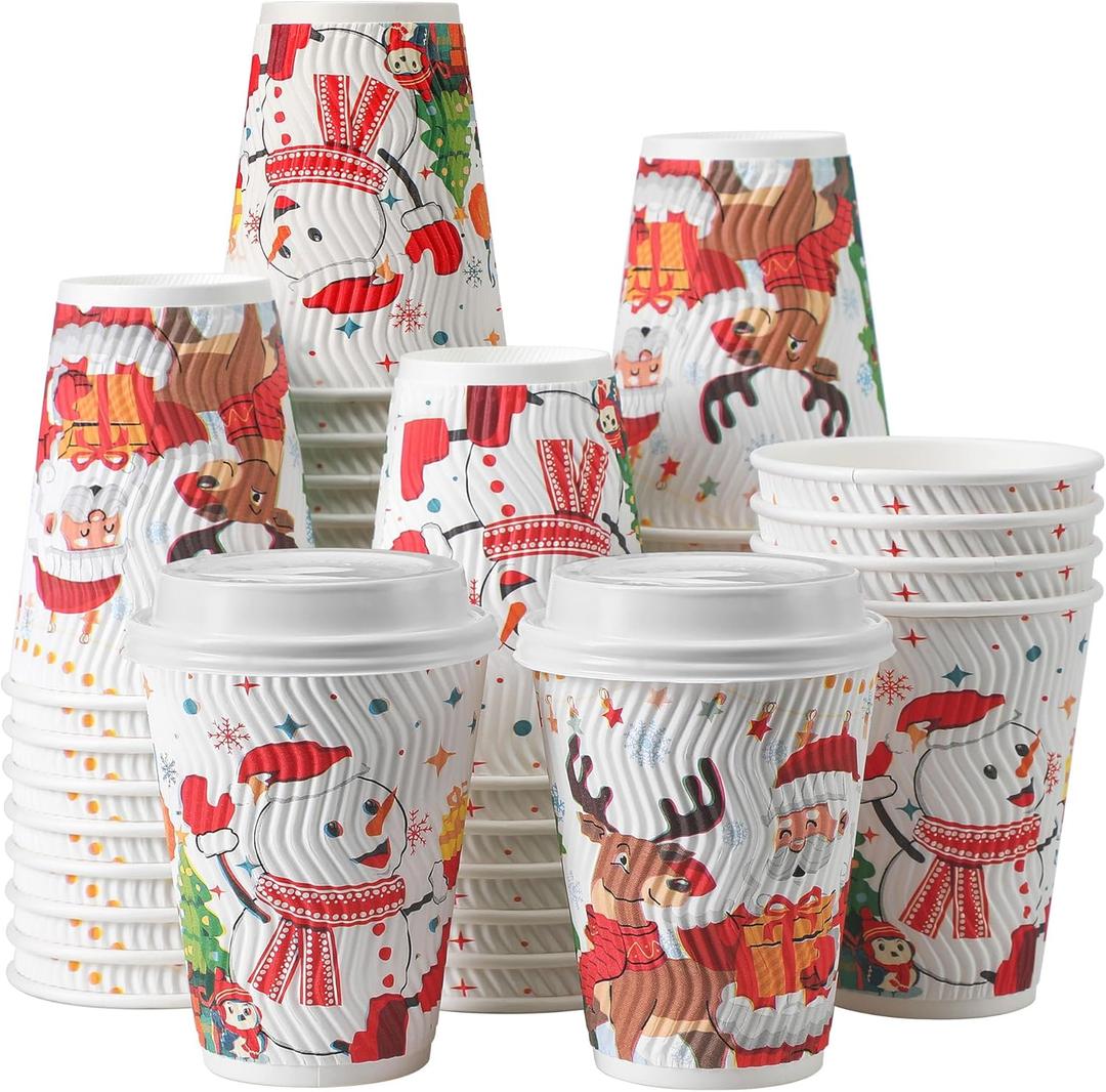 SIUQ 12 oz Christmas Coffee Cups with Lids - 50 Pack Disposable Insulated Paper Cups, Christmas Hot To Go Coffee Cups, Leak Proof Holiday Party Supplies for Office Home Celebrations (Colorful)