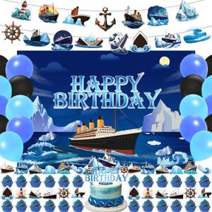 59 Pcs Nautical Birthday Party Supplies, Ocean Themed Party Decoration with Backdrop, Balloons, Cake Cupcake Topper