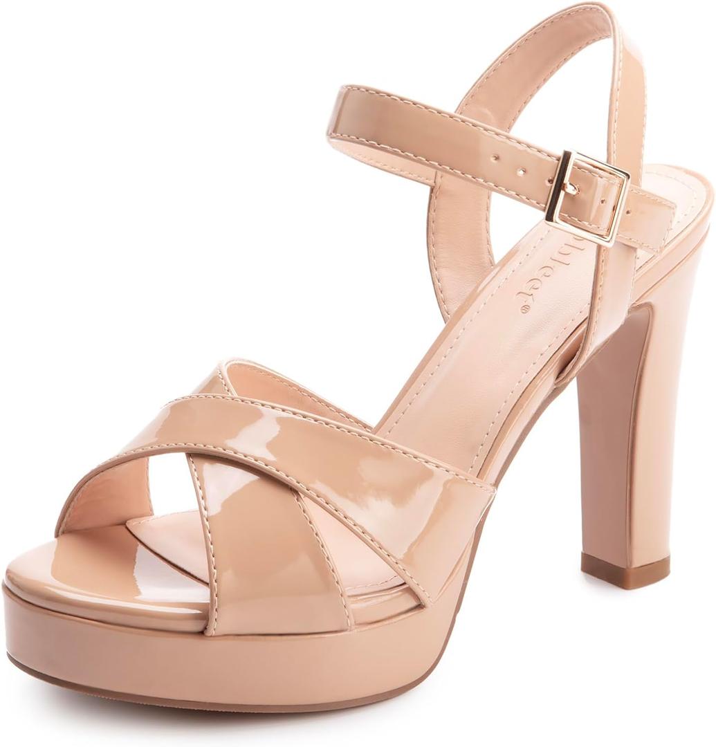 Platform High Heels for Women Strappy Chunky Heels Sandals for Women Open Toe Block Heeled Sandals with Ankle Strap Summer Dress Shoes (Beige)