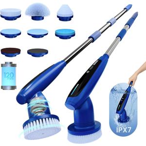 2026 Upgraded Electric Spin Scrubber: 120 Min Runtime, IPX7 Waterproof Cordless Power Scrubber, Adjustable Extension Handle, 8 Heads, 2 Speeds for Shower, Tub, Tile & Floor
