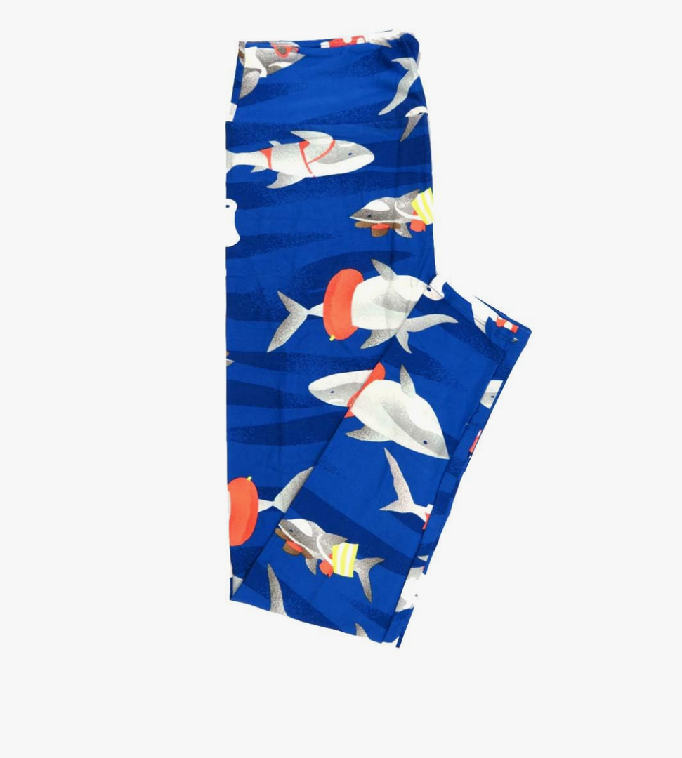 Lularoe Tall Curvy (TC fits Sizes 12-18) Animals Sharks Having Fun Beachwear Innertube Blue White Gray Yellow Buttery Soft Adult Leggings, Pack Of 2