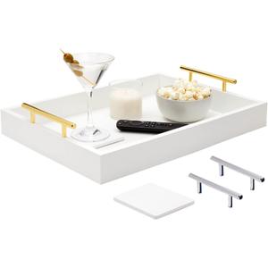 Juvale White Serving Tray for Coffee Table with Coasters, Decorative Interchangeable Gold and Silver Handles (16x12)