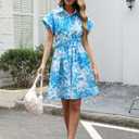 Women's Button Down Shirt Dress Floral Printed V-Neck Turn Down Short Sleeve Mini Casual Trench Coat Formal Blue, Medium