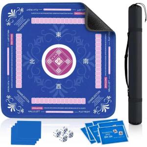 Mahjong Mat (33"x33") with 6 Mahjong Playing Instructions,4Tile Mixer,4Dice & Carrying Bag,Non-Slip and Silent Travel Mahjong Set for Mahjong/Poker/Board Games/Card Games/Dominoes (Blue-1)
