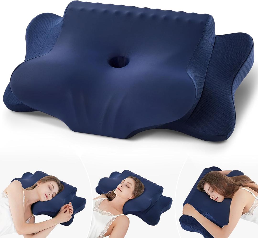 Cervical Pillow for Neck Pain Relief - Cooling Ergonomic Dual-Sided Orthopedic Neck Pillow with Ice Silk Pillowcase, Breathable Memory Foam Contour Pillow for Side, Back, Stomach Sleepers (Dark Blue)