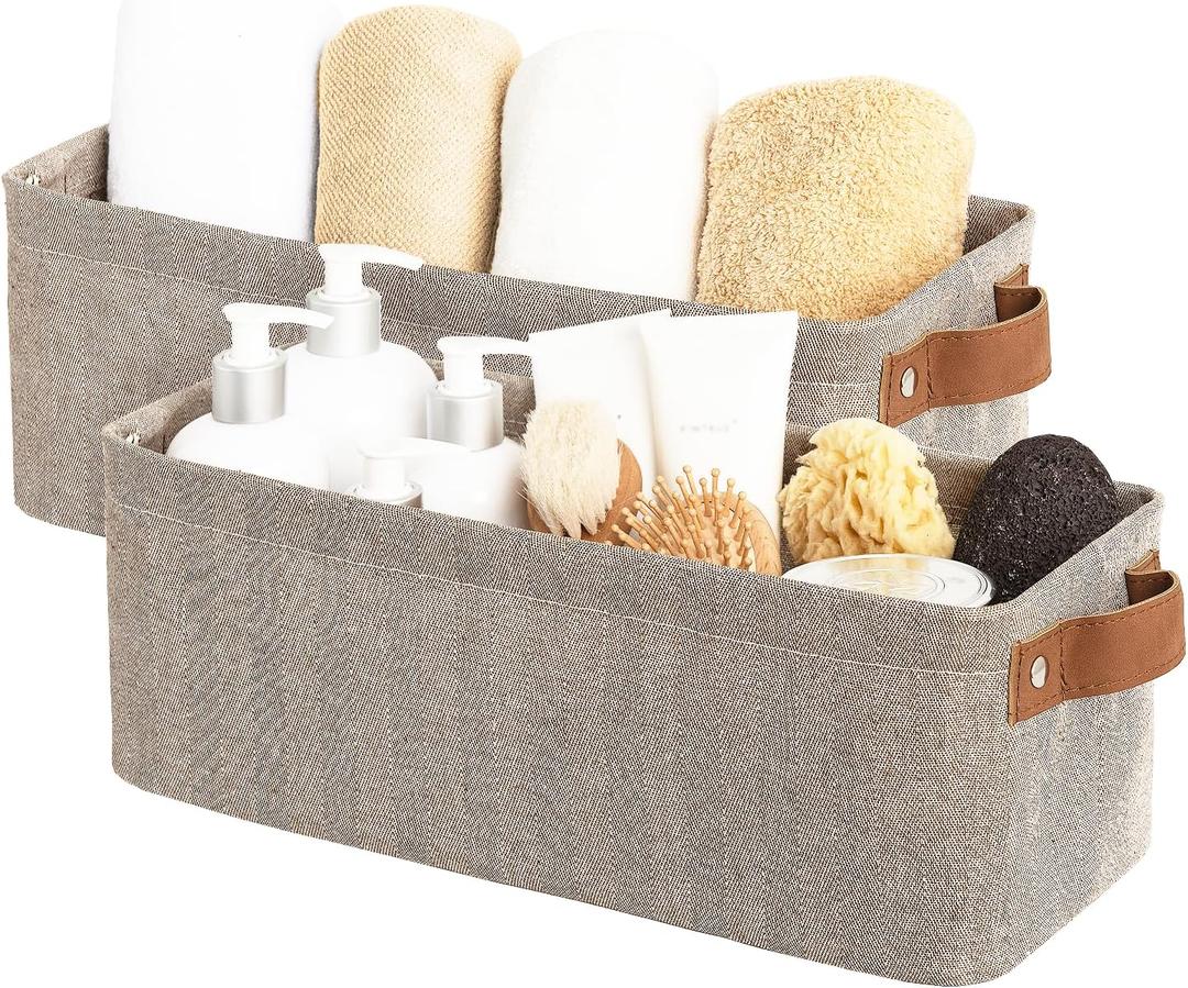StorageWorks Narrow Storage Bins, Small Basket for Closet and Shelves, Fabric Organizer with Handles, Toilet Paper Storage, Brown and Beige, 2-Pack (15"L x 6"W x 5"H)