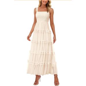 PRETTYGARDEN Women's Summer Dresses 2025 Sleeveless Smocked Tiered Ruffle Tulle A-Line Flowy Wedding Party Maxi Dress, Small
