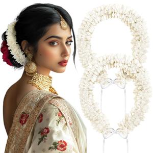 Dingion 2 Pack 10inch Indian Hair Accessories Long Artificial Mogra Gajra for Bride Scented Jasmine Flowers Bracelet Garland Plastic Hair Accessory for Wedding Party Dance Competition(Unfold)