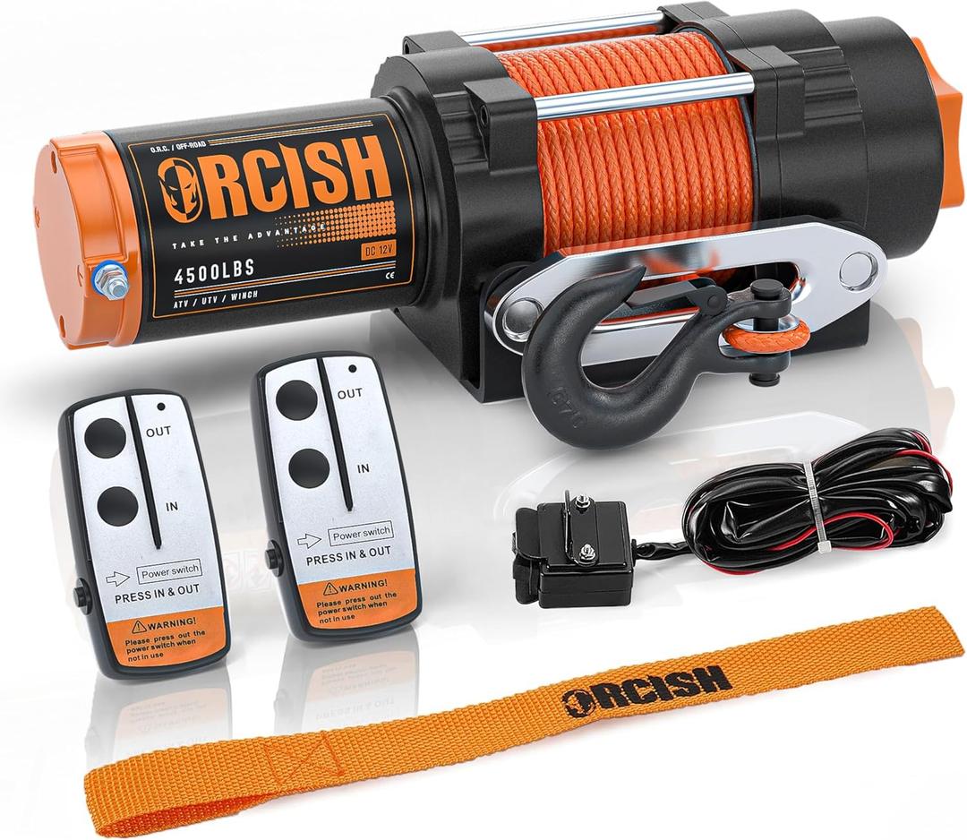 ORCISH 4500 lb 12V DC Waterproof Electric Winch, ATV/UTV Winch Kit for Towing, 1/4"50' Synthetic Rope with Both Wireless Handheld Remote and Corded Control Recovery, Easy Assembly Winches (4500 lbs)