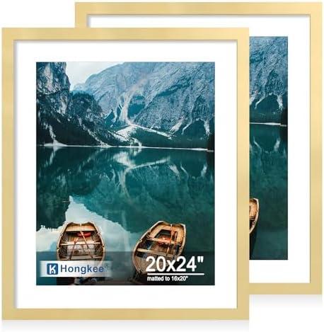 Hongkee 20x24 Frame Set of 2, Gold Wood Style - Display 16x20 Picture with Mat or 20 x 24 Poster without Mat, Wall Mounting Horizontal and Vertical