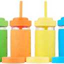 Elk and Friends Kids + Toddler Glass Cups | The Original 12oz Glass Mason Jar with Sleeves + Lids | Silicone Straws + Stopper | Smoothie Cup | Food Storage | Spill Resistant | Dishwasher Safe | 4 Pack (Blue/Orange/Green/Yellow)