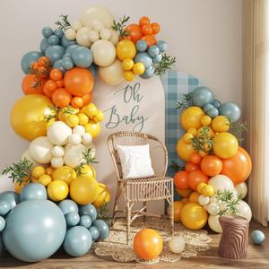 Here Comes the Son Balloon Arch Kit, 124Pcs Boho Retro Dusty Blue Burnt Orange Yellow Ivory White Balloons for Baby Shower First Trip Around the Sun Sunshine Theme Birthday Party Decorations