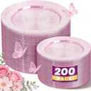WDF 200PCS Pink Plastic Plates - Rose Gold Glitter Plastic Plates - Heavy Duty Pink Glitter Disposable Plates for Wedding Baby Shower Spring Birthday Mother's Day
