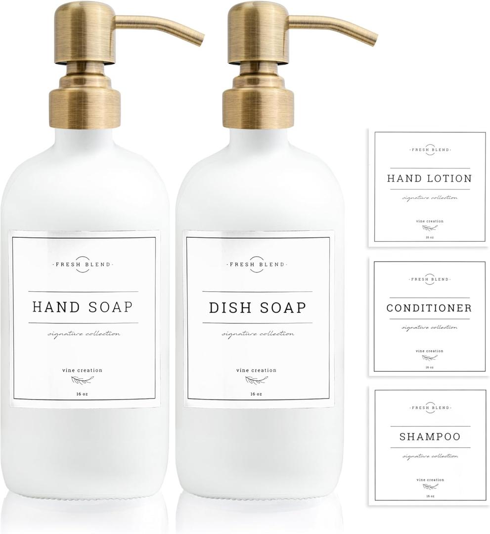 Vine Creations White Glass Soap Dispenser, 2 Pack Kitchen Soap Dispenser Set with Stainless Steel Pump, 16 oz Dish Soap and Hand Soap Dispensers for Bathroom with Waterproof Labels (Matte White Bottle / Brushed Brass Pump)