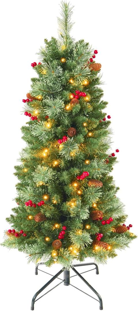 4ft Prelit Artificial Small Christmas Tree with Warm White Multi-Color LED Lights, Timer Battery Operated, Stand Red Berries & Pine Cone Slim Pencil Decoration for Indoor/Outdoor