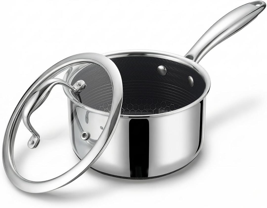 1-Quart Nonstick Saucepan with Lid, Tri-Ply Stainless Steel Pot with Stay-Cool Handle & All Cooktop Compatibility (Gas, Ceramic, Electric) - Non-Stick