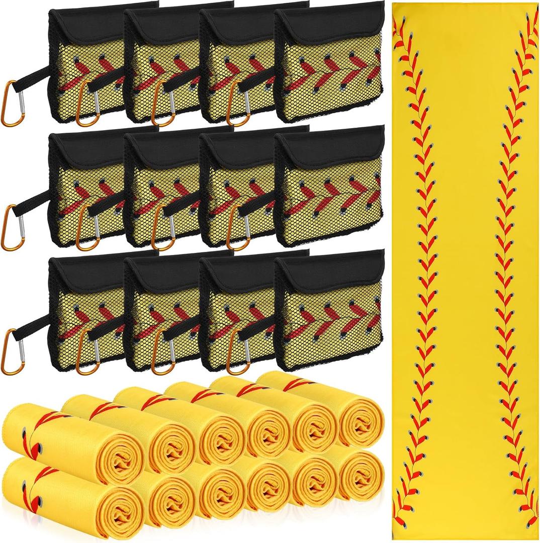Moukeren 12 Pcs Cooling Towel with Mesh Storage Bag and D Ring Hook, 40" x 12" Soft Breathable Chilly Microfiber Sport Towels for Yoga Running Gym Workout Sport Party Favors Team Gift(Softball)
