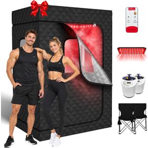 Portable Infrared 2 Person Saunas for Home,Sauna Box with 160 Leds Red Light Therapy,Steam Sauna Tent with 2 Steamers,2 Folding Chairs,5-Layer Waterproof and Remote Control,Full Body Home Spa